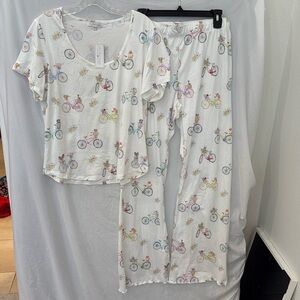 PJ Salvage dogs, bikes , flowers PJ Set Long Sleeve Pants white pink  L NWT